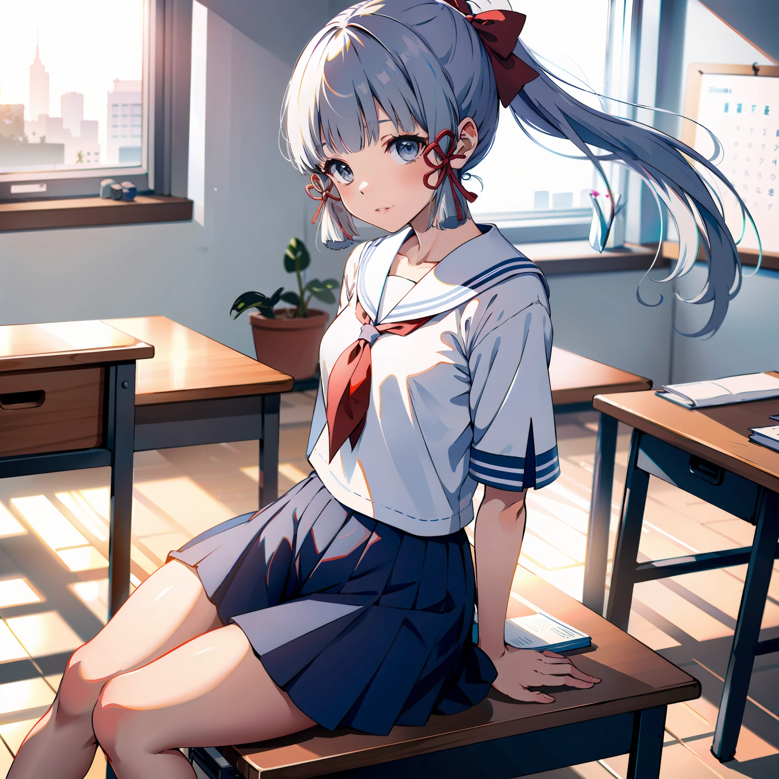 masterpiece, absurdres, 1girl, solo, ponytail, kamisato_ayaka, kamisato ayaka, (sitting on her desk)), silver hair, detailed, serafuku, classroom, blunt bangs, hair bow, hair ribbon, red ribbon, school uniform, sailor shirt, sailor collar, pleated skirt, black bow, grey eyes, bag, cowboy shot, full body (lifted by self)