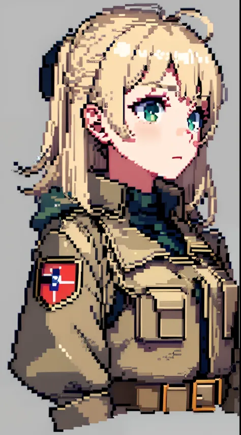 hcnone, Pixel art, Masterpiece, pix, 1girll, Beige blonde, Light brown hair, Green eyes, Petite, Small chest, Face only, serious...