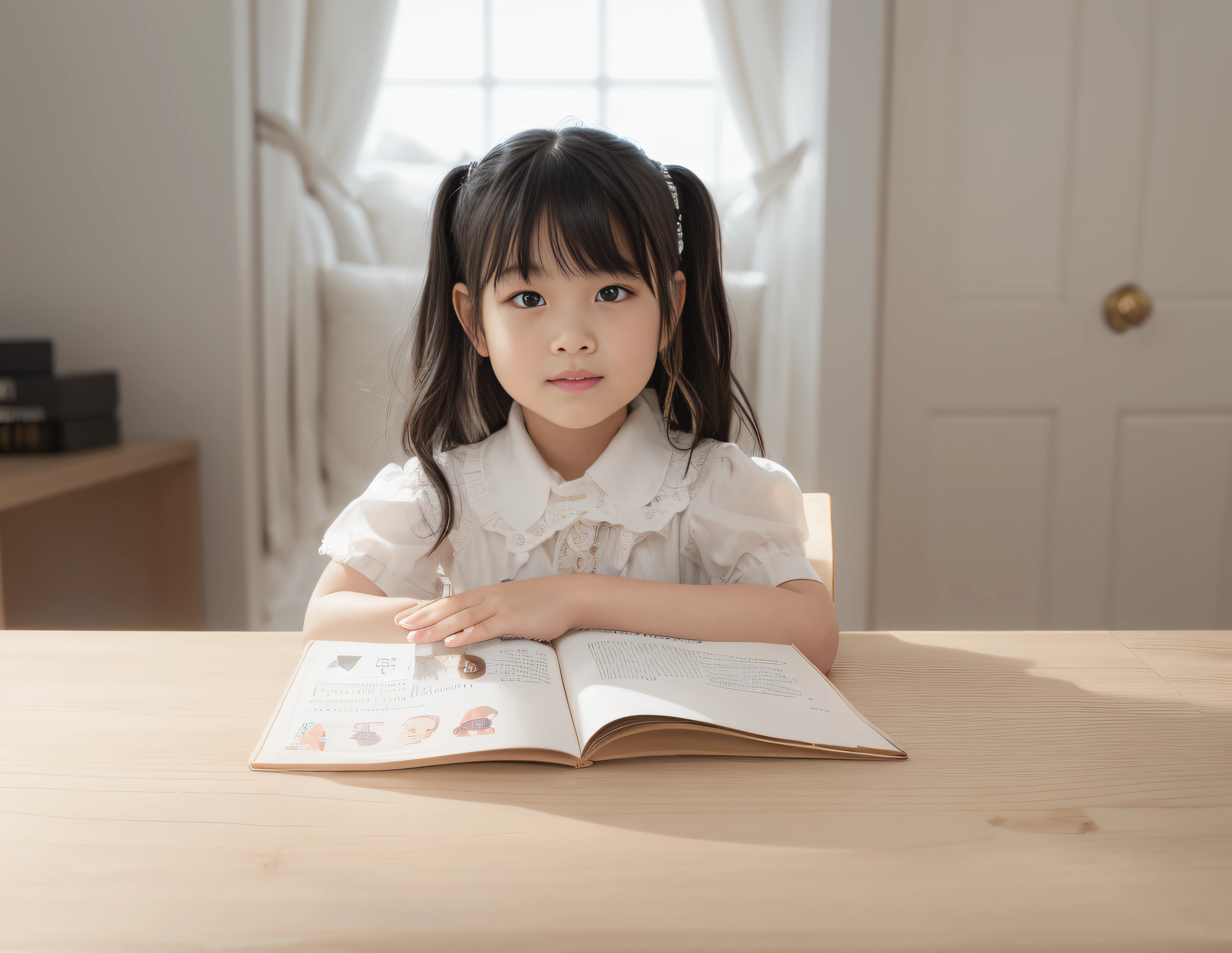Inside the white study， reading，Black hair，manga book，Place one hand on the other，An open book，A natural hand，Creamy texture，mano，A natural hand，Flat hands。