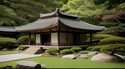 There are rocks and trees，There is also a gazebo, Zen garden, Japanese Garden, lush japanese landscape, wonderful masterpiece, B...