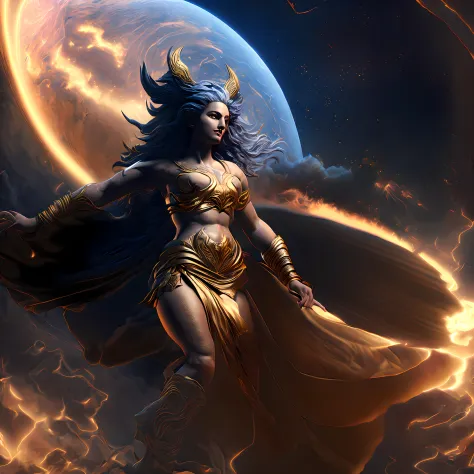 asura's wrath, beautiful evil goddess standing beside planet Earth, chtulhu female deity, curly hair, dark aura, full body portr...