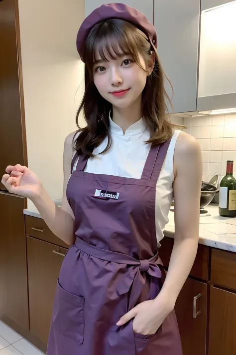 a woman cooking、(kitchin_aprons:1.wear 3)、nice hand、4k、a high resolution、tmasterpiece、top-quality、wear cap:1.3、((hasselblad phot...