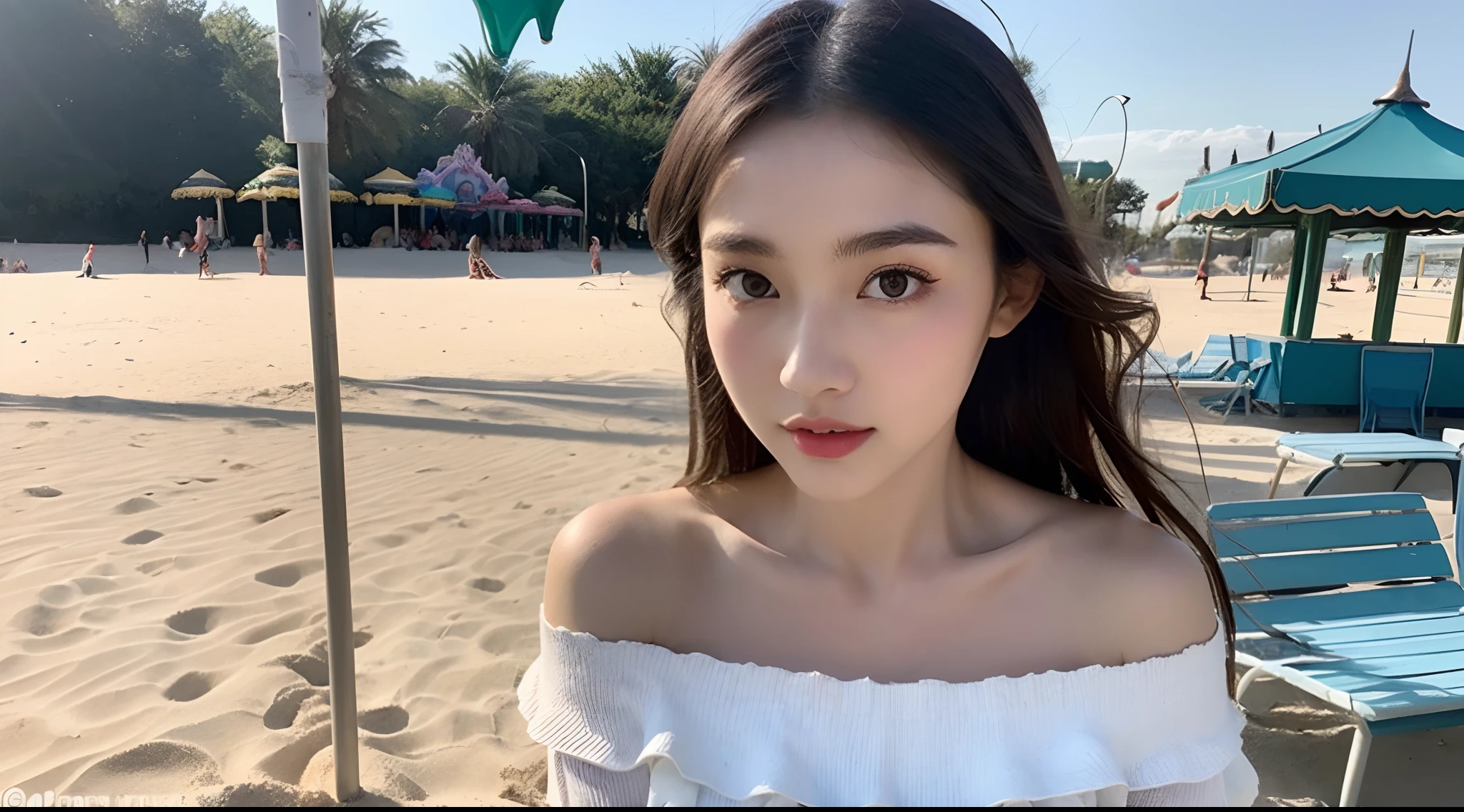 (High-resolution 8K raw photos are realistic,best qualtiy,),(Stylish long-sleeved off-the-shoulder top，Mini water pattern skirt),(half-body shots，Close-up),(Brown hair),Skinny and small,beautidful eyes,Super detailed face,Beautiful woman,tight-fitting,Big breasts Thin waist,Bigchest,Teenage uncensored,cute female child,Glowing skin,20yr old,(beachside，sandbeach，An amusement park，rays of sunshine:1.3)，Sharpen,Chiffon,Gauze skirt，lacing，Front light，(Solo:1.2,),cleavage