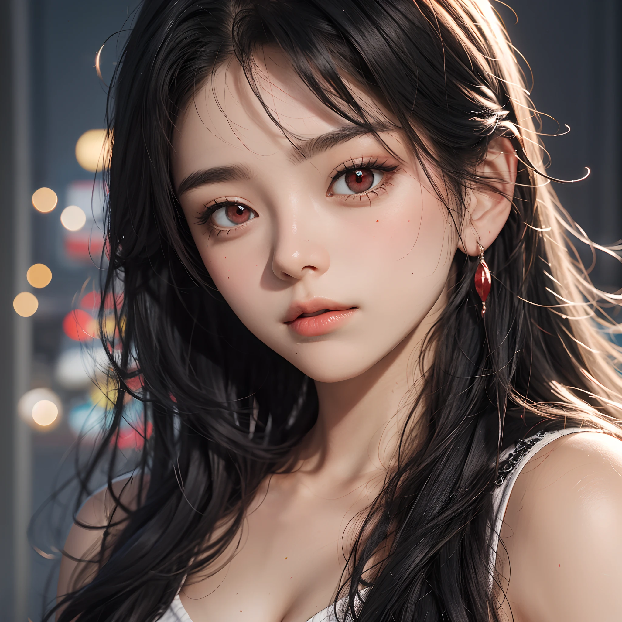 Close Up Of A Black Haired Girl With Red Eyes Seaart Ai