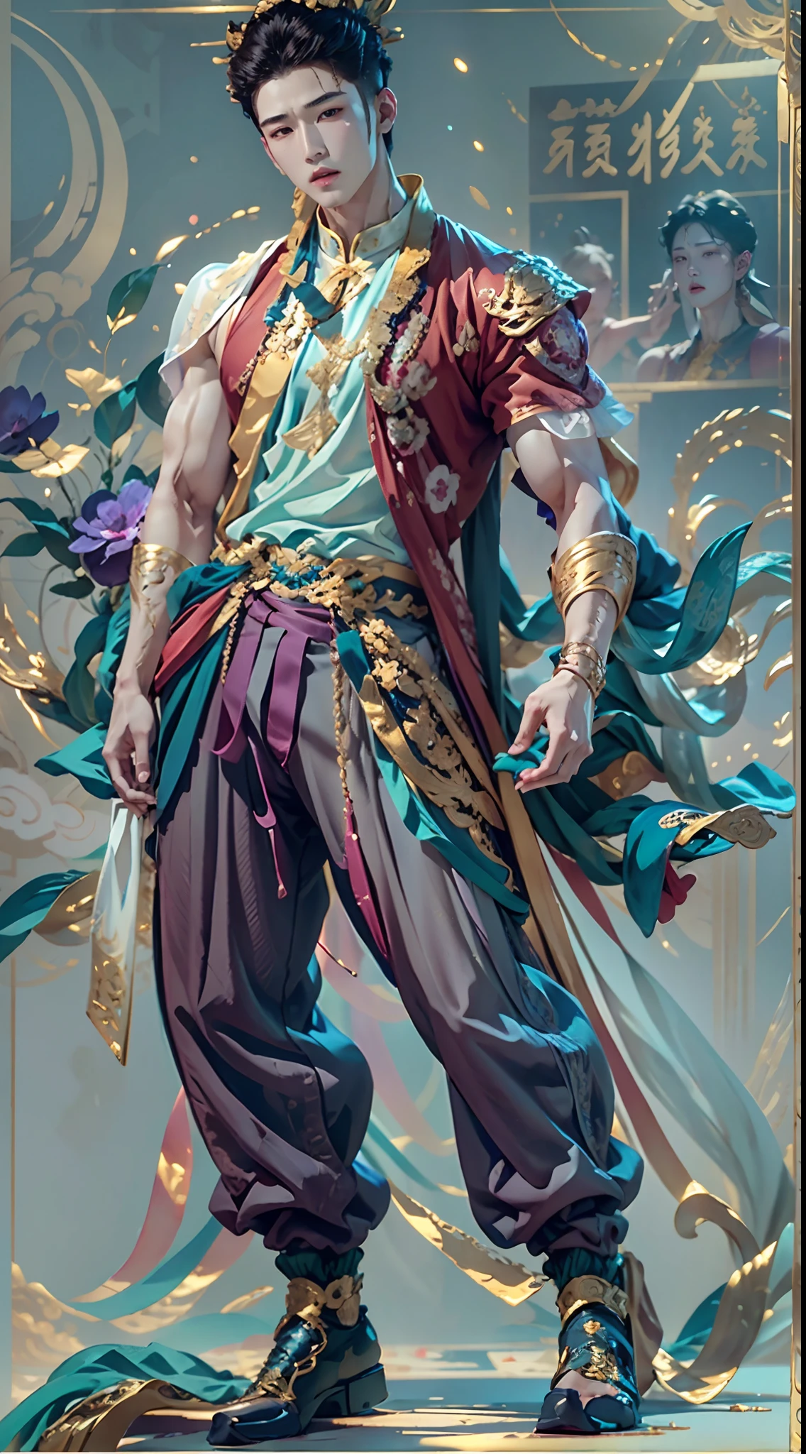 A boy，male people，Sculpture design，Figures，GK model，（The whole body of the character），Expose muscles，（sexy for），（Exquisite base），The color of the clothes is gold，blue and violet，Transparent texture，Wu Yifan，musculous