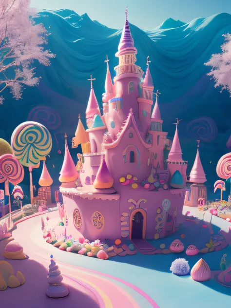 (masutepiece, Best Quality:1.3), an (Enchanted:1.3) (Magical:1.3) (castle), Full background, (candyland:1.5), Ice cream, No huma...