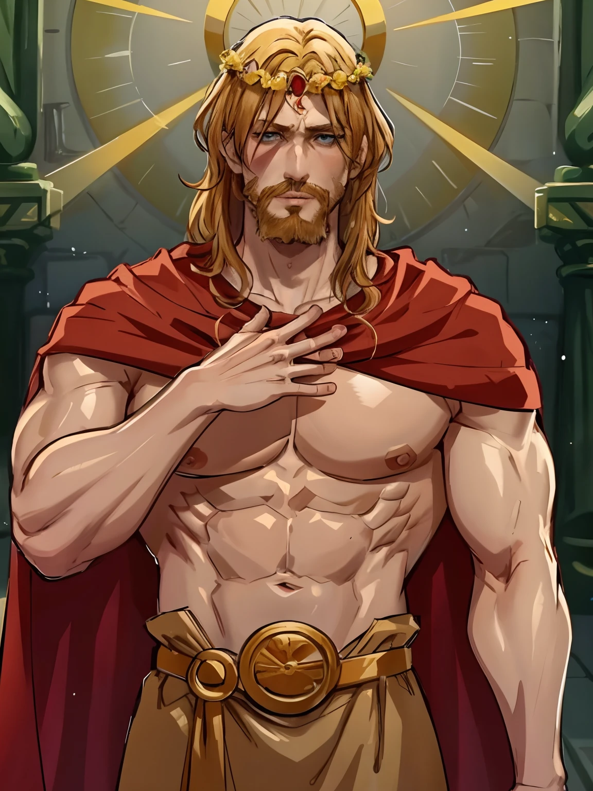 Knyazkov, 独奏, blue eyes,  SLE,  brown hair, 1boy,   male focus, cape, muscular, Brutal, muscled body,the perfect body, (Pretentious posture:1.5),(A lot of pathos:1.5),facial hair,in the form of a fantasy action movie, Tatoo, Relief muscles,,,, wreath of thorns, blood stains on the body, Bright sunlight behind him, A huge cross in his hands, Dark Fantasy, epic art,Crown headbutt, beard, whiskers,  Masterpiece, Best Quality, Cowboy_shot, Masterpiece, Best Quality, Ultra-detailed, upper-body, Dark background, BREAK 1boy, re4leon, A caricature of Jesus with his hands in his hair and a halo around his head, with hands in ears, Erlund Hudson, official arts, Concept art, pre-raphaelitism