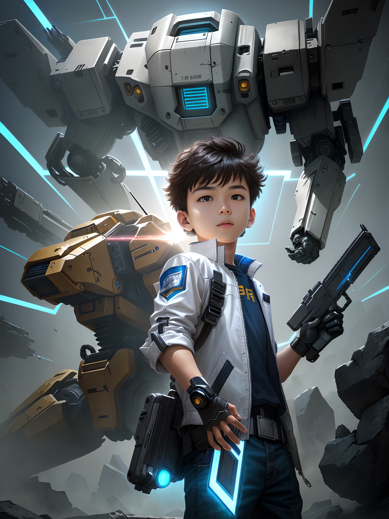 A boy in mecha wielding a futuristic weapon