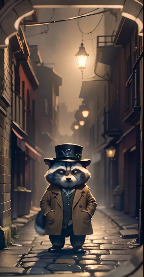 : Envision a dapper raccoon in a detective's attire, complete with a tweed coat, magnifying glass, and a Sherlock Holmes-style h...