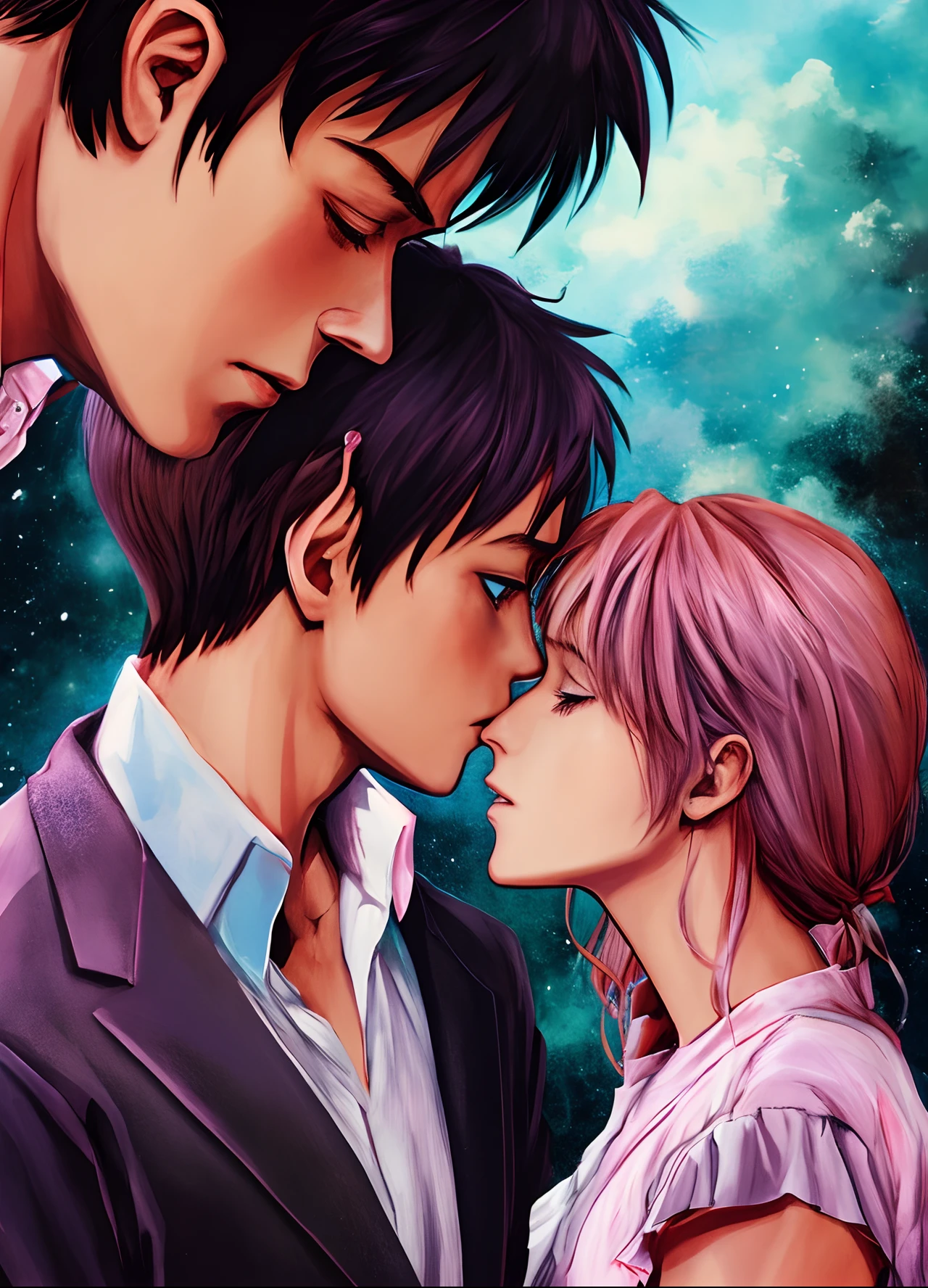 A couple of anime characters kissing in front of a starr sky - SeaArt AI