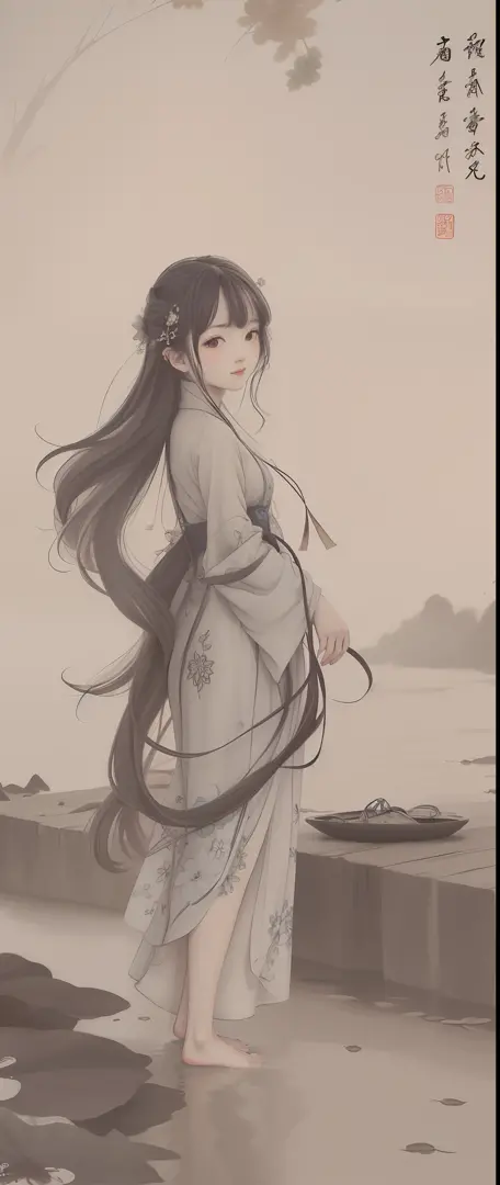 ((4k,masterpiece,best quality)), shuimobysim, traditional chinese ink painting, lotus, hanfu, maxiskit, dress conservatively 1girl, solo, long blue hair, smile, standing, feet in the water, barefoot,