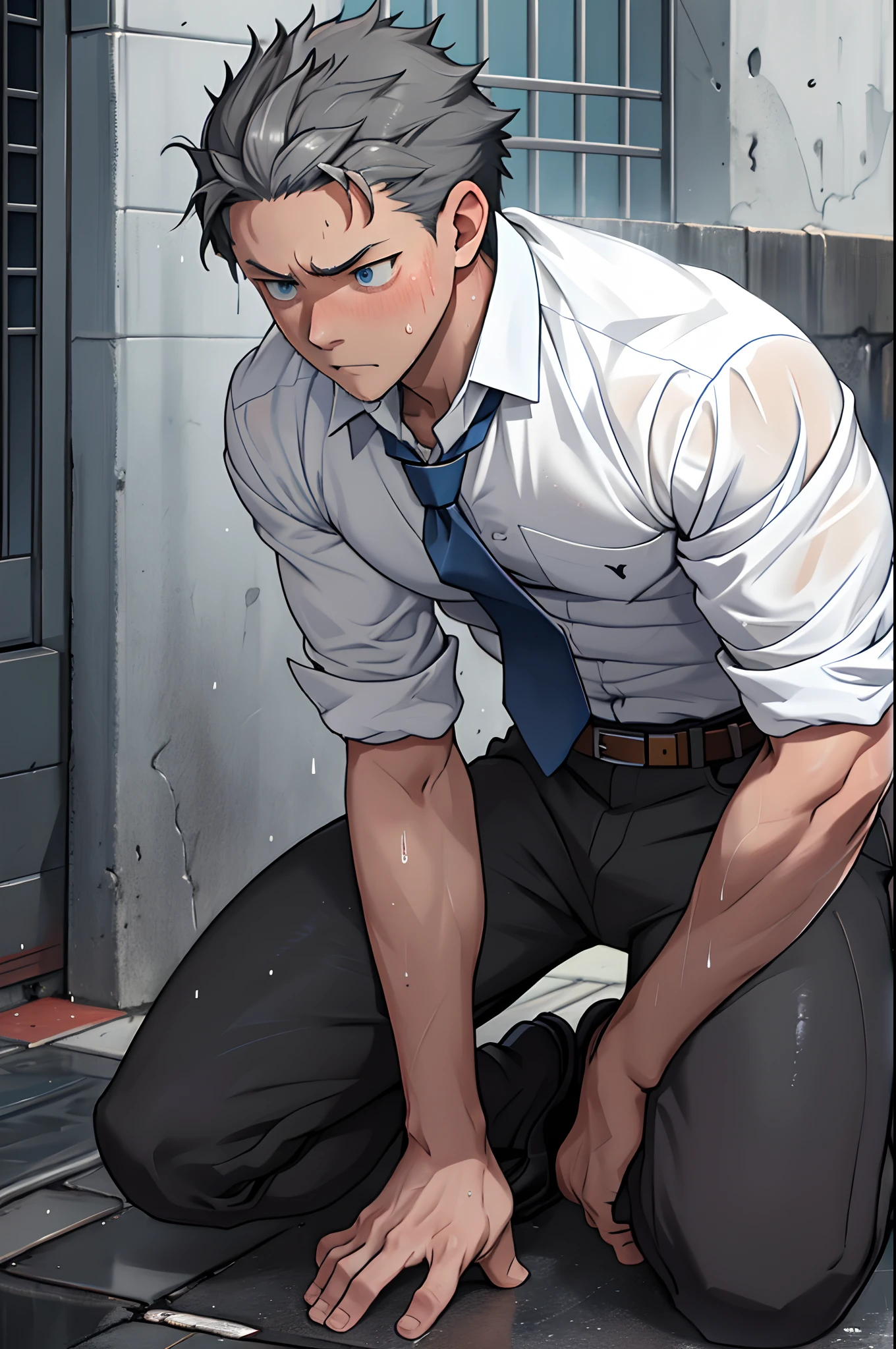 （1 Adult male），A high resolution， Sharp focus， Pixiv masterpiece， （（Complicated details））， highly  detailed， natsuki_subaru， 1 man，Defeat， crestfallen，full bodyesbian，kneels on the ground， Sweaty crotch，Drenched，rain，The shirt is soaked，（A gesture of pleading），blue color eyes（eyes glowing）， Short gray hair，white  shirt，Wear a tie，Wear a belt，perspire，look from down