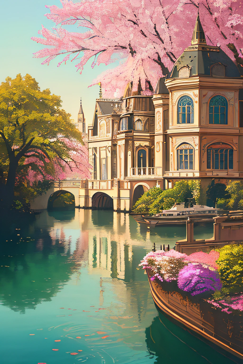 (extremely detailed CG unity 8k wallpaper),(((masterpiece))), (((best quality))), ((ultra-detailed)), (best illustration),(best shadow), ((an extremely delicate and beautiful)),dynamic angle,floating, fairyland,dynamic angle,sea of flowers,beautiful detailed garden,wind,classic,spring, (detailed light),feather, nature, (sunlight), river, forest,(((floating palace))),((the best building)),beautiful and delicate water,(painting),(sketch),(bloom),(shine)