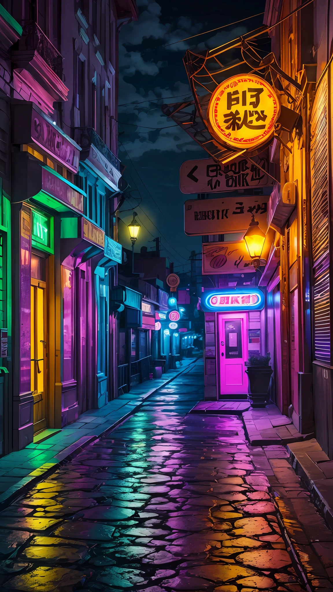 In a bustling city, a neon-lit street at night comes alive. Vibrant street lamps cast a warm glow on the pavement, while a bold yellow sign stands out against the deep purple surroundings. A weathered door with a white handle adds intrigue. Captured in ultra 4k, 8k photorealistic detail, an "expressive" style adds emotion. The 9:16 aspect ratio enhances the dynamic composition. --auto --s2