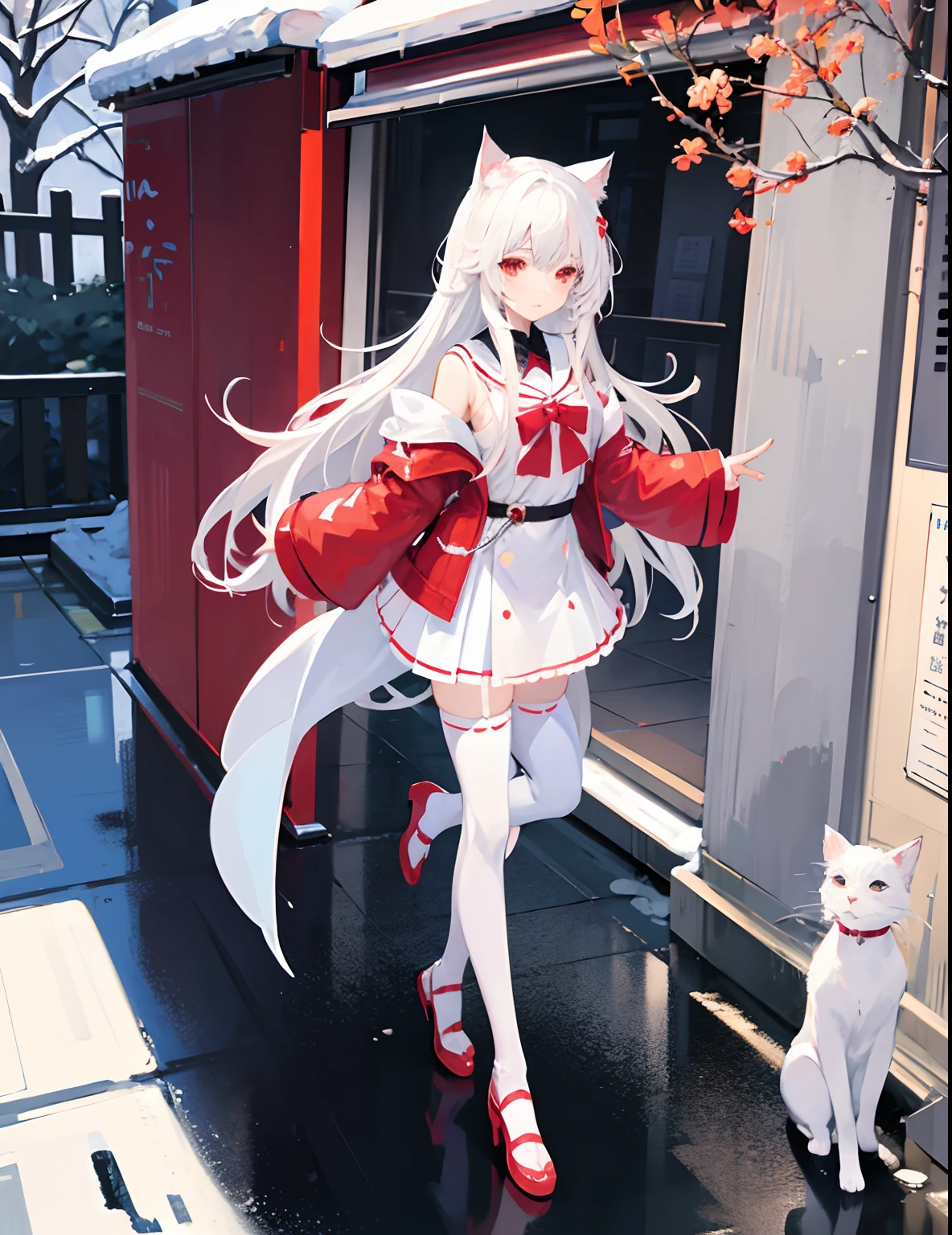 White hair, anime, shoujo, shrine, white cat ears, red witch costume, snow, red umbrella, red eyes, snow, white stockings