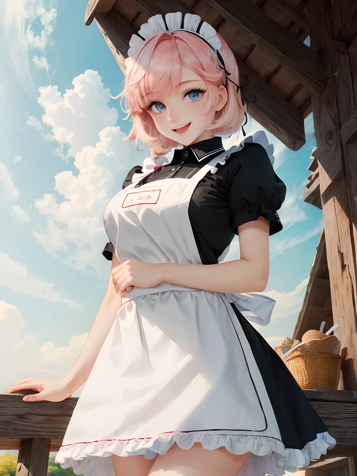 ultra - detailed,Masterpiece background,beautiful detailed background, V8K wallpapers,Perfect design, 1girl in, Solo, (arms out,Slender, Very short sleeves,Pink hair,maid, Hefty Smile、(Bring lunch),from below, Cowboy shot:1.2), (light  smile, Open mouth, 17 years old, Pink hair, (Super long hair,double tails), Blue eyes, Blue eyes, black shirt, Short sleeves, maid apronl, white maid apron，Beth