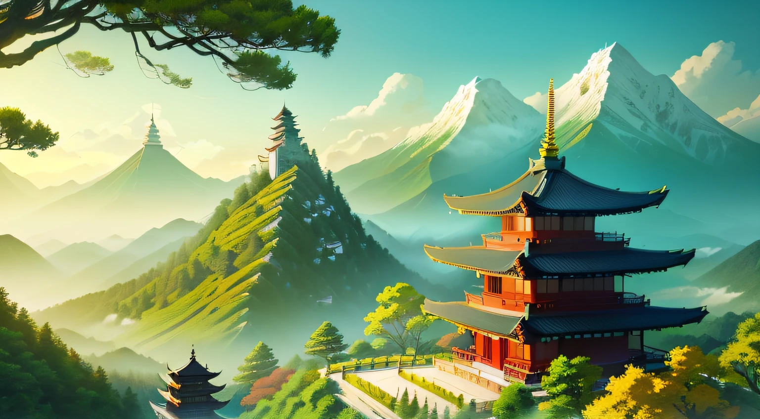 Painting of pagodas and trees on the mountain, digital painting of a pagoda, dojo on a mountain, Zen temple background, background artwork, anime landscape wallpapers, Anime landscape, amazing wallpapers, anime countryside landscape, Anime background art, Beautiful wallpaper, oriental wallpaper, 4 k hd illustrative wallpaper, high-quality wallpaper, High quality wallpaper, high quality desktop wallpaper