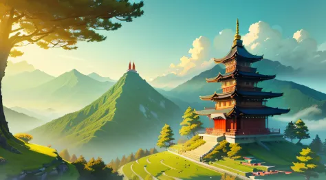 Painting of pagodas and trees on the mountain, digital painting of a pagoda, dojo on a mountain, Zen temple background, background artwork, anime landscape wallpapers, Anime landscape, amazing wallpapers, anime countryside landscape, Anime background art, ...