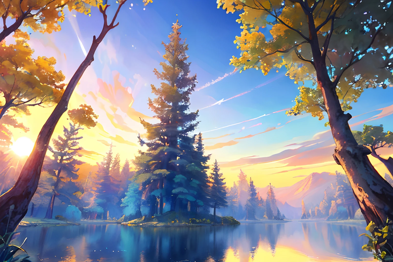 ​masterpiece, top-quality, (extremely detailed CG unified 8k wallpaper) (top-quality), (The best illustrations), (best shade)、Super Meticulous, blue-sky、Variety of clouds、Wonderfully beautiful、nostalgic、Looking up at the sky、Reflection of the Sun、Natural colors、the woods、