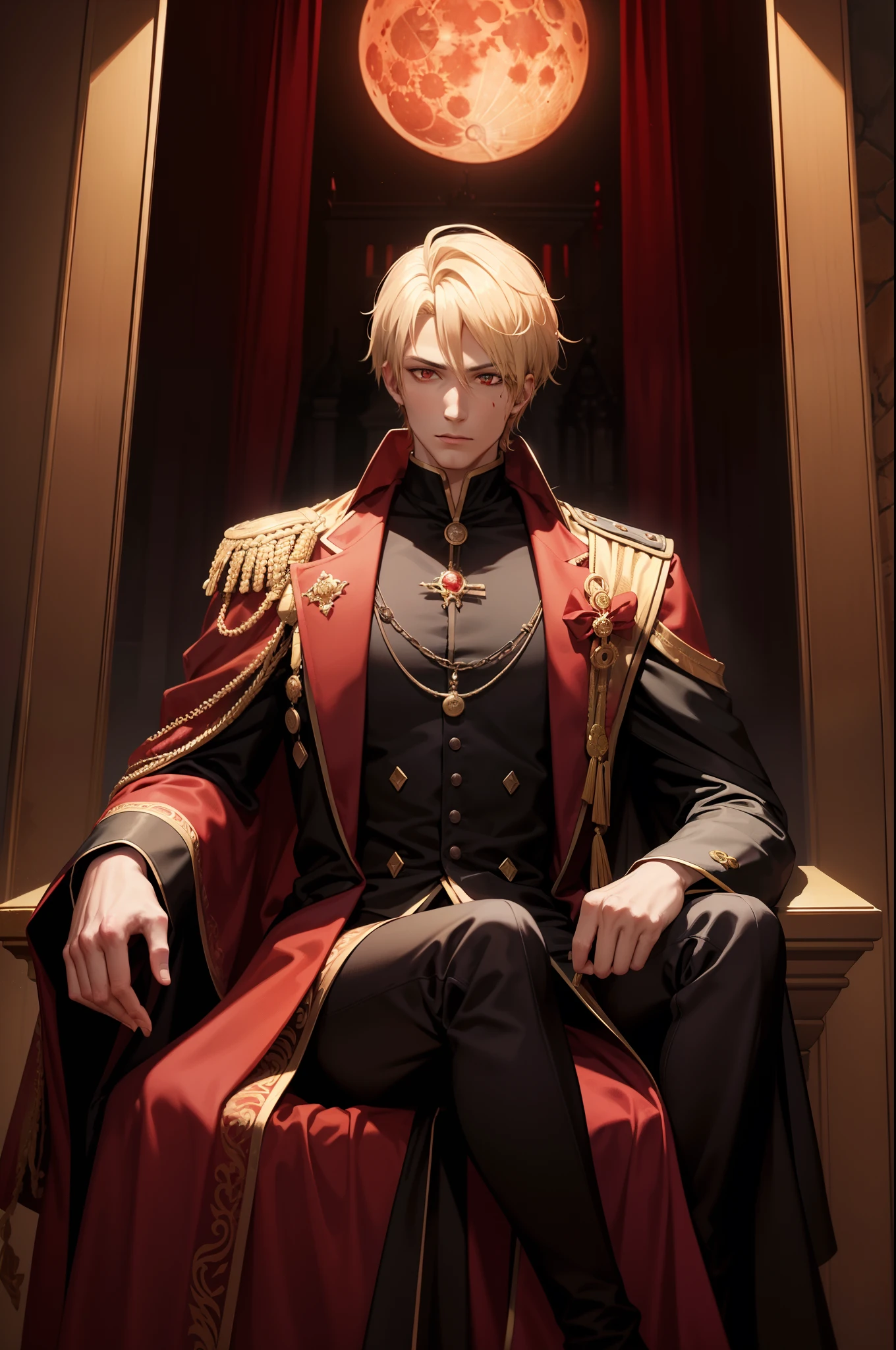 29세 남성, 금발 머리의 뱀파이어 왕 (짧은 머리) 그리고 빨간 눈, 그는 갈색 가운을 입고 빨간색과 검은색 옷을 입는다. (세나리우스 왕성에서의 피묻은 달밤)