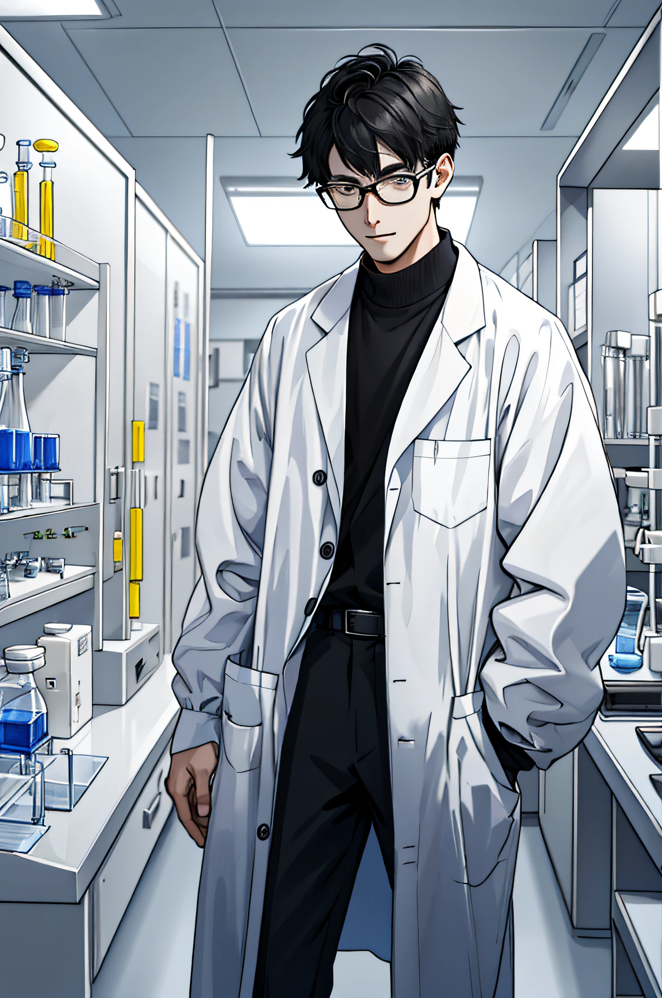 "画一位高大的年轻物理学家，穿上实验服，站在实验室里，专注于实验瓶的科学实验。"