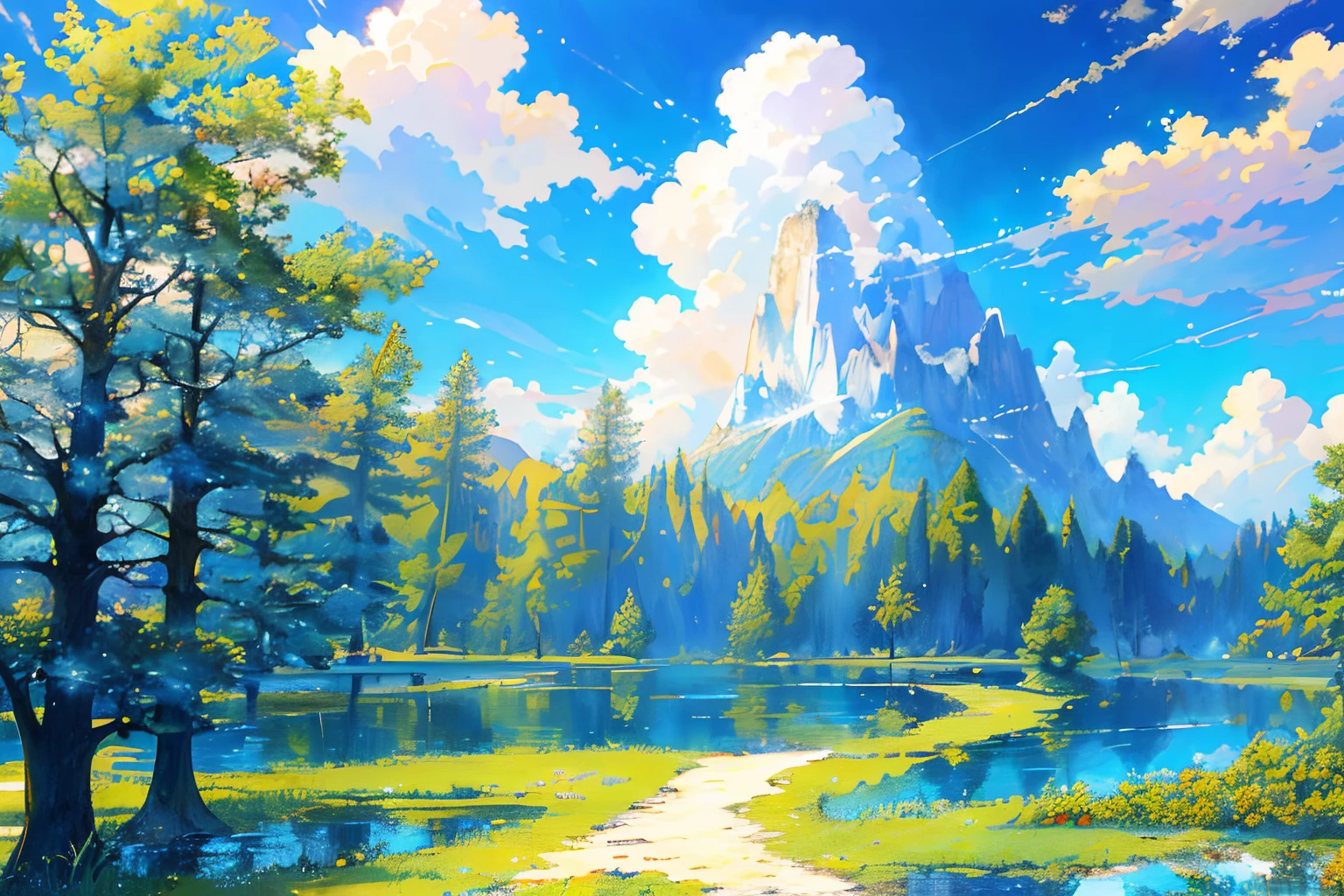 ​masterpiece, top-quality, (extremely detailed CG unified 8k wallpaper) (top-quality), (The best illustrations), (best shade)、Super Meticulous, blue-sky、Variety of clouds、Wonderfully beautiful、nostalgic、Looking up at the sky、Reflection of the Sun、Natural colors、the woods、scenic