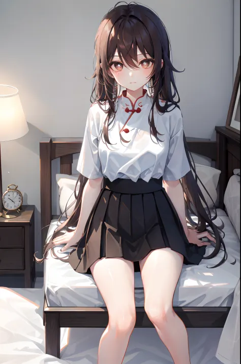 hu tao， 1girll， 独奏， （（white  shirt））， black thighhigns， nedium breasts，， 校服， on top of the bed， a black skirt， pleatedskirt， bed...