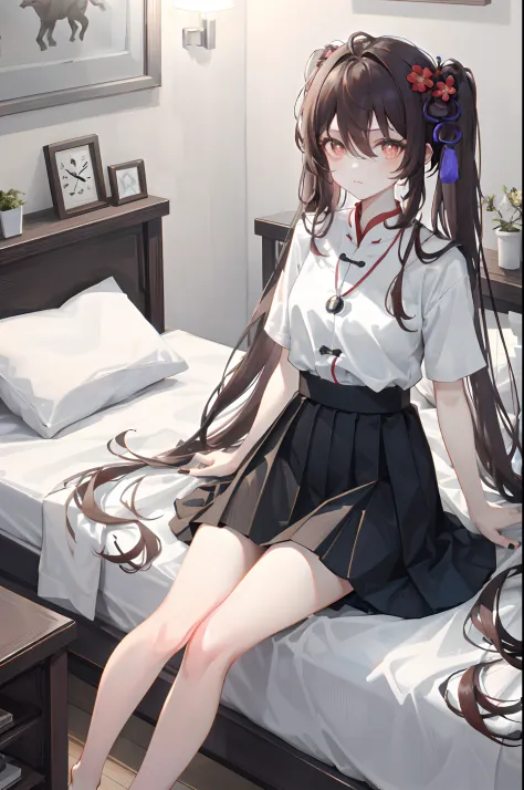 hu tao， 1girll， 独奏， （（white  shirt））， black thighhigns， nedium breasts，， 校服， on top of the bed， a black skirt， pleatedskirt， bed...