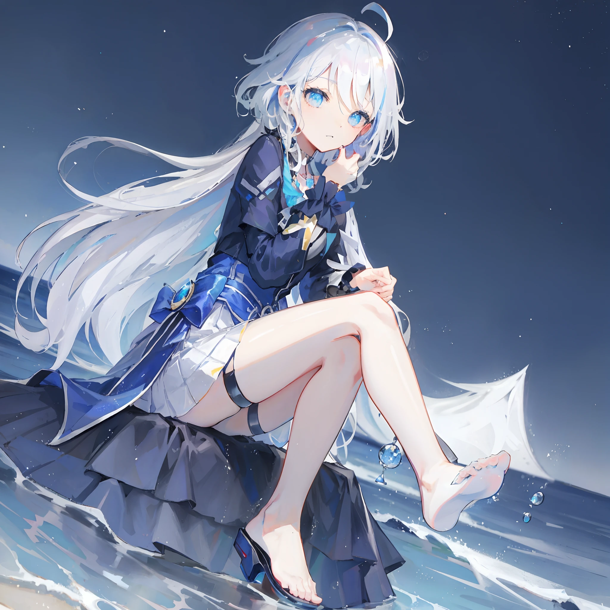 Anime girl sitting on a rock in the sea，legs crossed, Kantai collection style, azur lane style, A scene from the《the original god》videogame, trending on artstation pixiv, wallpaper anime blue water, from girls frontline, Have by the sea, From Arknights, Guweiz in Pixiv ArtStation, 《the original god》role, white-haired god