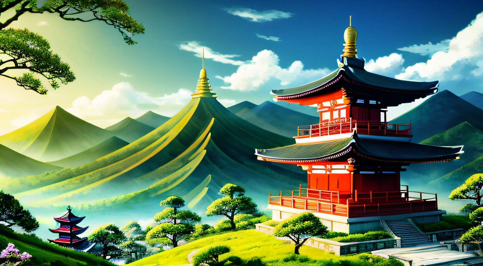 A painting of a pagoda in the middle of a mountain range - SeaArt AI