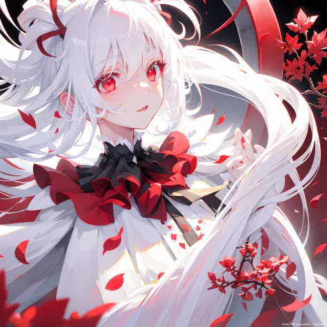 Close up, one girl, long white hair, white eyes, snow, red petals