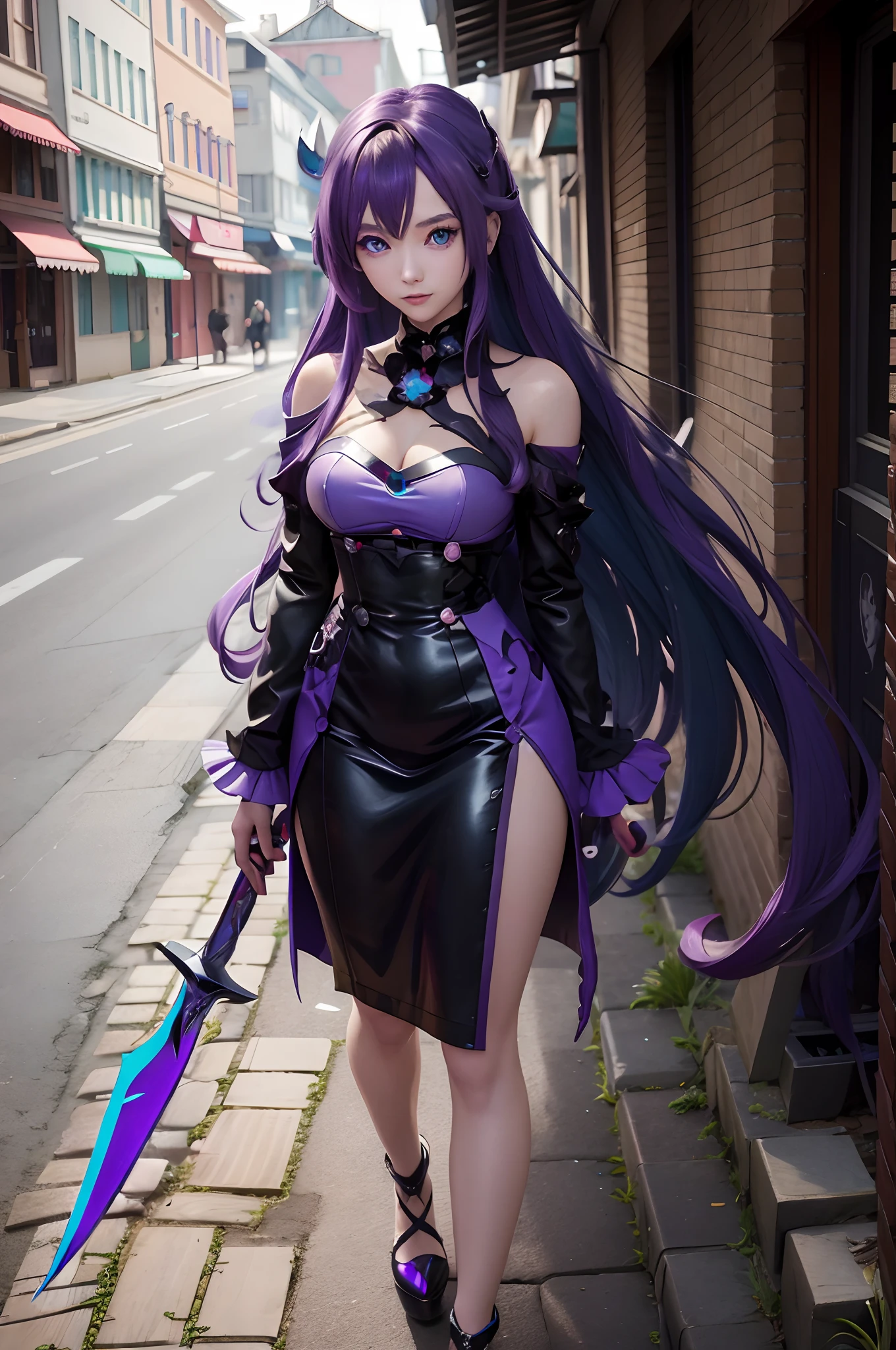 chica anime cosplay，Glamorosa hoz de pelo morado con un vestido，Ciel del ferrocarril Honkai Star Dome，El manjar definitivo al estilo Artgerm，Atractiva chica anime en la realidad.，Irelia al estilo anime，arrancaré del señor supremo，Guadaña azul-púrpura en la mano。