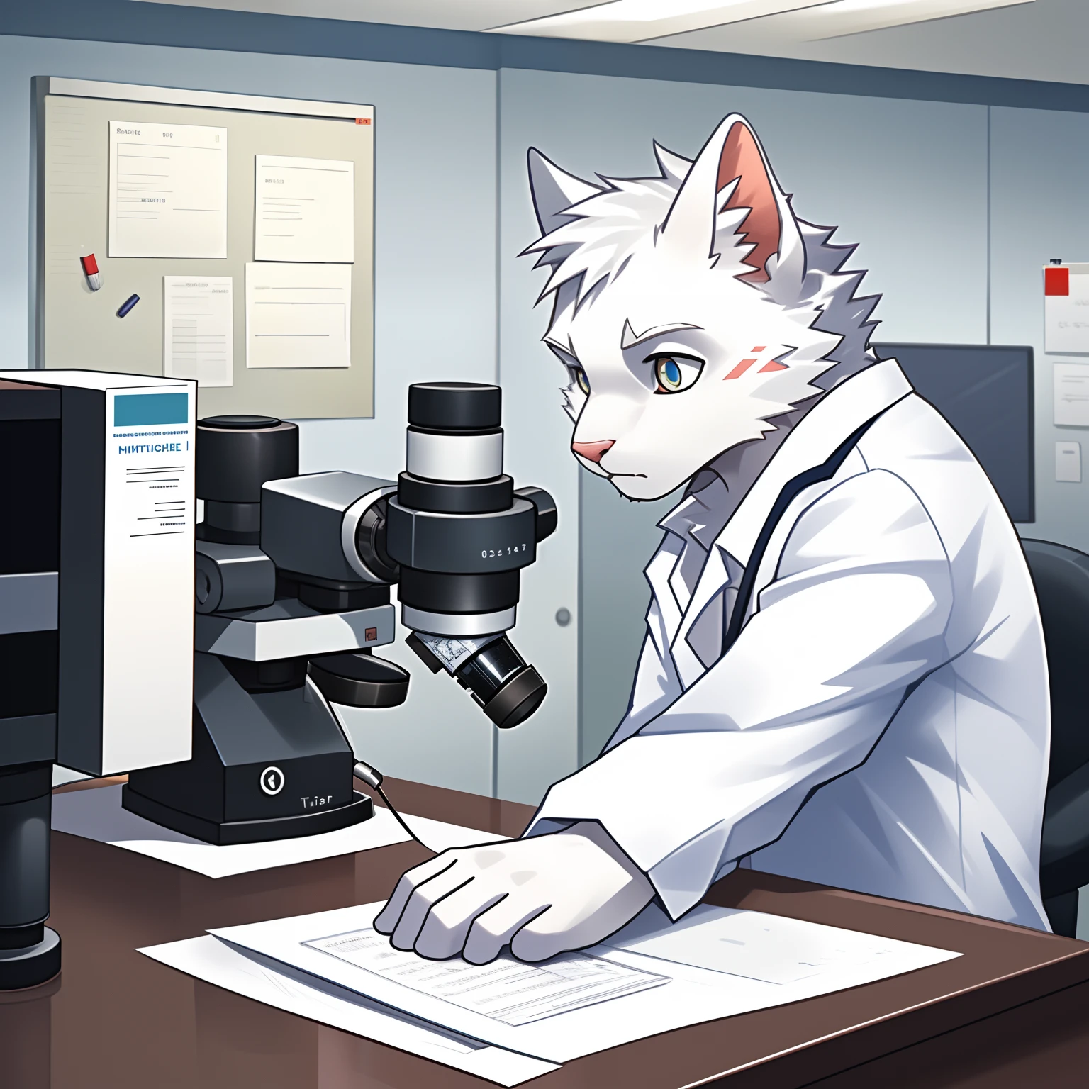 White pure white kitten，The male，Use a microscope at a desk in a hospital，The white！