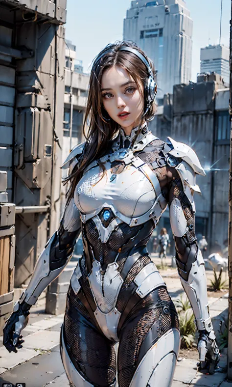 ulzzang -6500-v1.1,(Raw foto:1.2), (Photorealsitic:1.4), hight resolution、An ultra-high picture quality。 （Detailed super beautiful one woman。Tall slender 24 years old、White technical wear and futuristic women's battlesuit（for urban warfare、Details will be ...