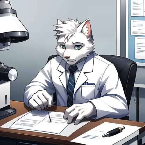 White pure white kitten，The male，Use a microscope at a desk in a hospital，The white！