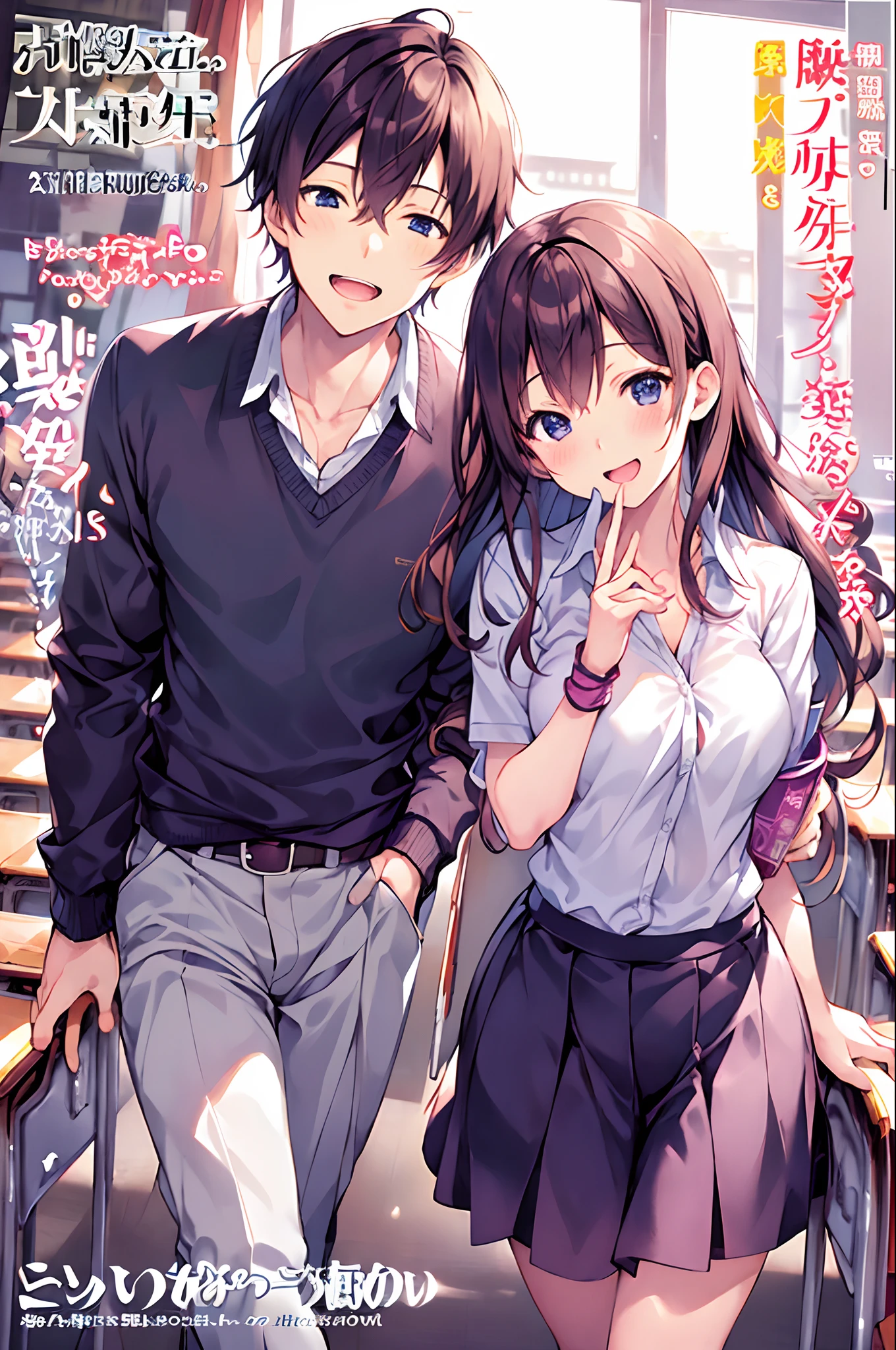 cover page, cover, Japanese character, 1 girl, 1 boy, laughing together, classroom setting, attractive boy, beautiful girl, high school uniform, modesty, radiant smiles, high school students, 8k resolution, aesthetic.