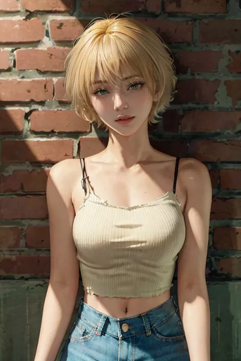 best quality, upper body,intricate details, chromatic aberration,1girl,bare shoulder, short hair, yellow hair,short  hair, cinem...