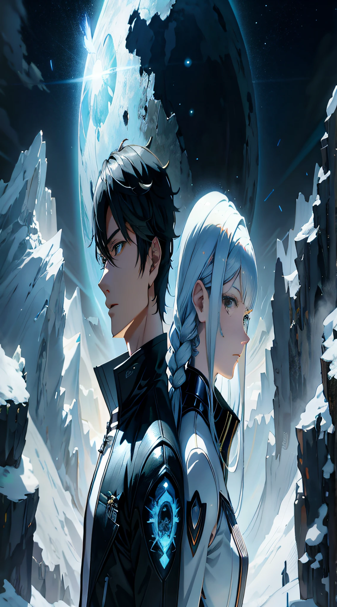 Anime couple standing in front of Full Moon Mountain, ross tran and bayard wu, focus on two androids, akehiko inoue and ross tran, modern sci-fi anime, edgar maxence and ross tran, krenz cushart and wenjun lin, sci fi anime, sci fi anime, key art, Digital cyberpunk anime art