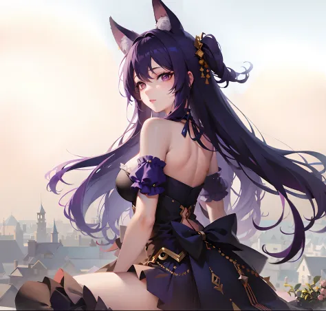 Purple long hair anime girl sitting on windowsill, Very beautiful anime cat girl, beautiful anime catgirl, anime girl with cat e...