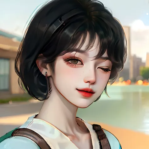 with short black hair，By bangs，covers one eye，Realistic style，dimple，Summer school uniform