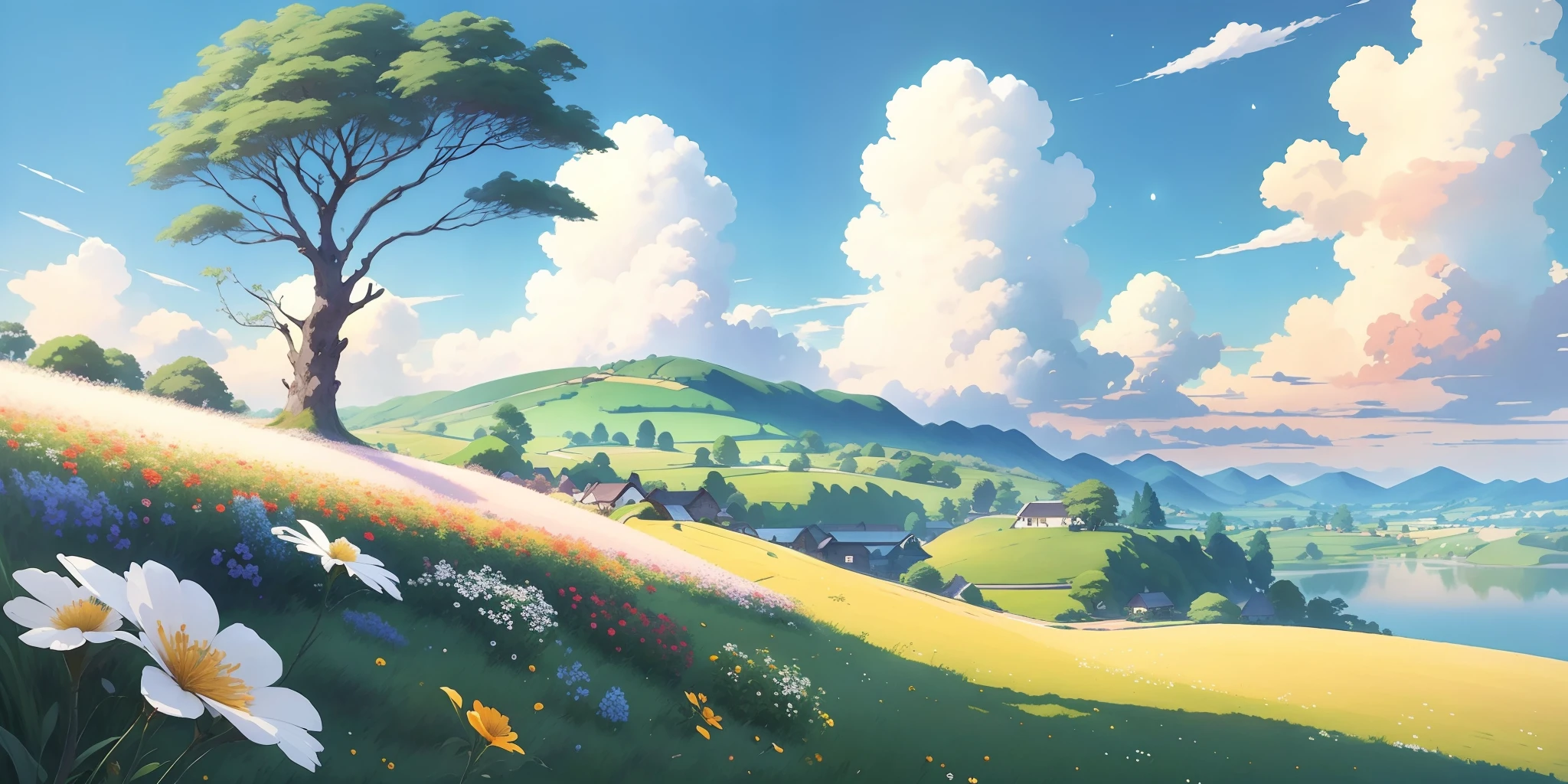 Dibuja un hermoso paisaje de un árbol y una flor., paisaje de campo anime, ross tran. fondo del paisaje, fondo de arte, Autor：Sylvain Salair, Vista del Estudio Ghibli, arte de fondo animado, paisaje animado, fondos de pantalla de paisajes anime, inspirado en Sylvain Sarrailh, obra de arte del paisaje, hermoso paisaje animado, Una hermosa ilustración artística., Ilustración de fondo de pantalla 4k hd