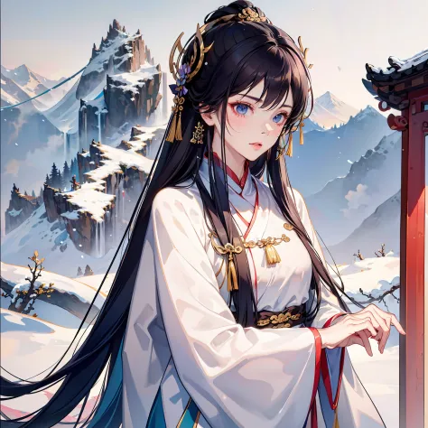 Tsing Yi and white robe，Black edge of clothes，shoun，Three-foot long sword，Brunette Daoguan，Handsome face，snow mountains，Snowflakes fluttering，The breeze blows through。