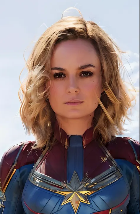 brie larson, medium hair, full body portrait, wear a captain marvel costume, sexy, cleavage, breast to show