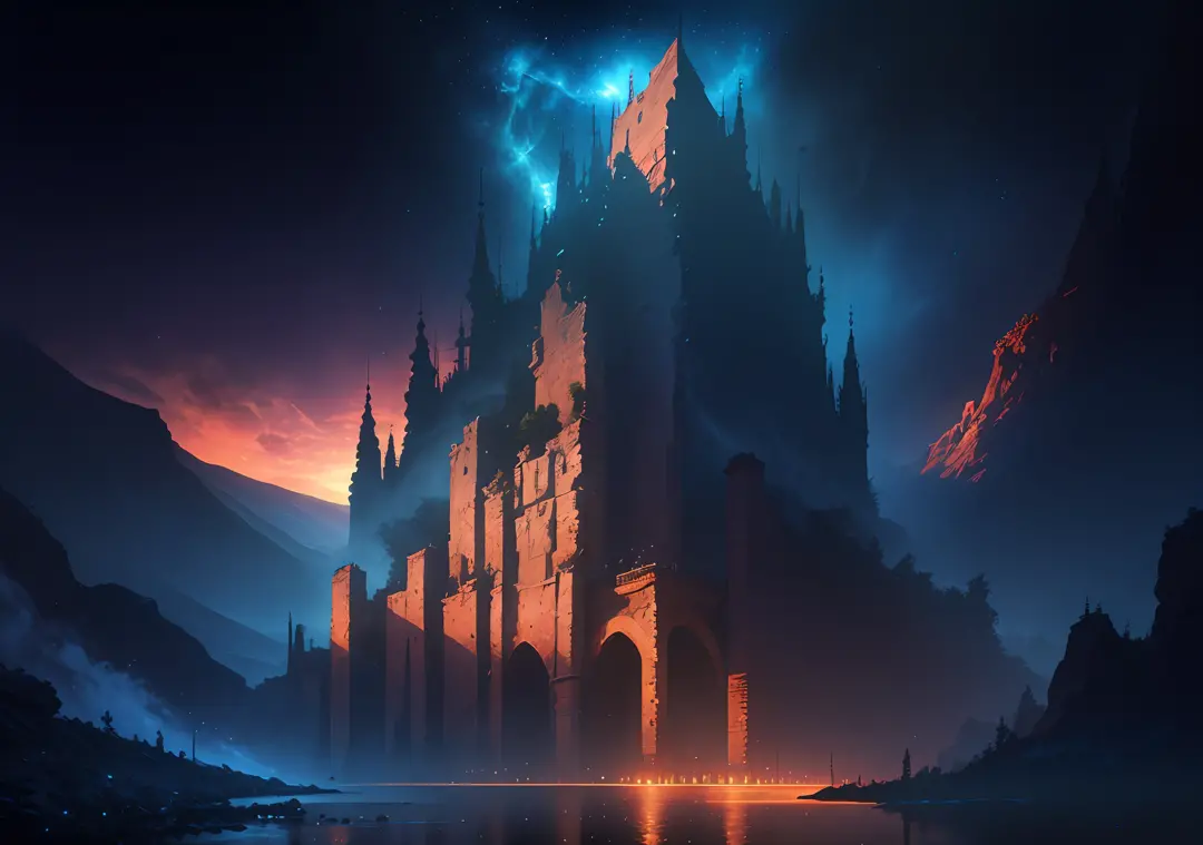 a painting of a river with a full moon in the background, digital art inspired by Andreas Rocha, pixiv contest winner, fantasy art, magical landscape, magical environment, beautiful anime scenery, detailed dreamscape, beautiful anime scene, night scenery, ...