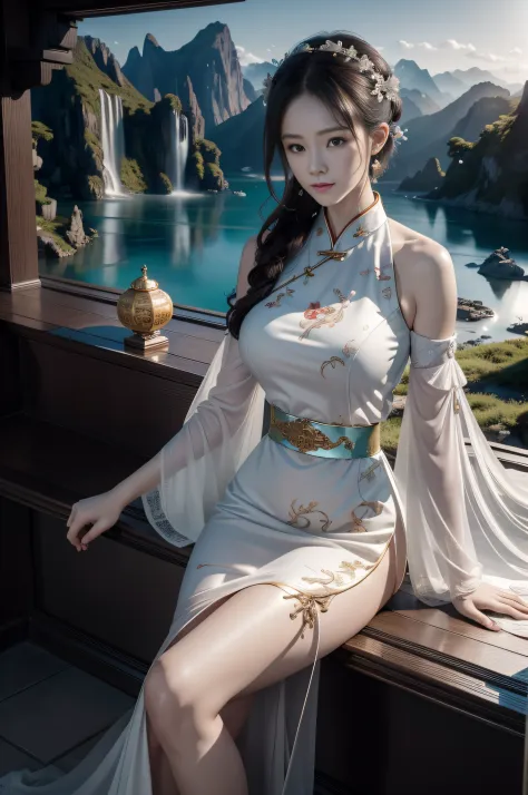 immersive cg scenes，brilliant composition，(the distant mountains are ethereal)，sheer cliffs，(leaning on the railing), hantan fal...