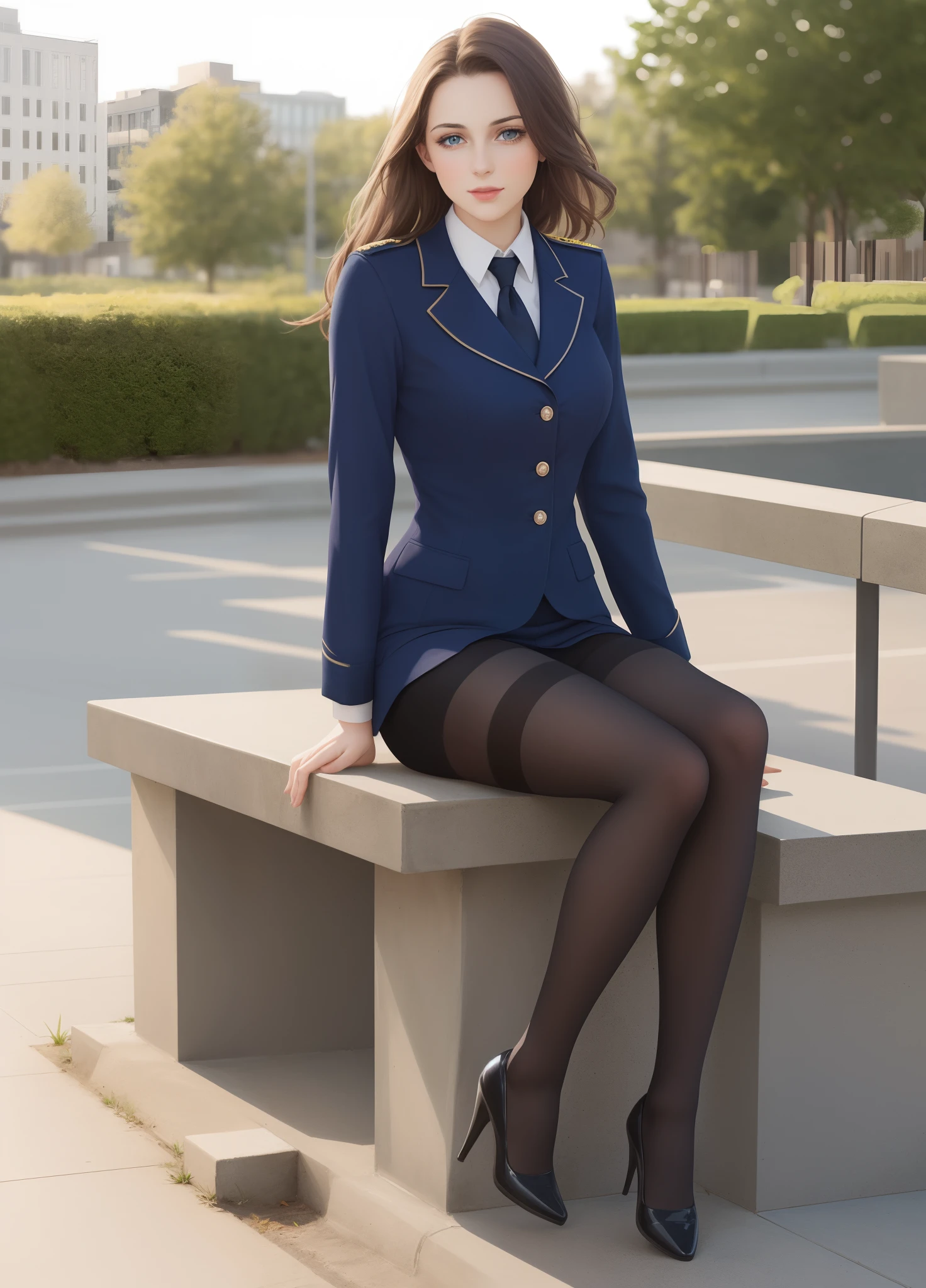 Best quality, full body portrait, delicate face, pretty face, 25 year old woman, slim figure, small bust, OL uniform, office clothes, black stockings, outdoor scene, sitting position