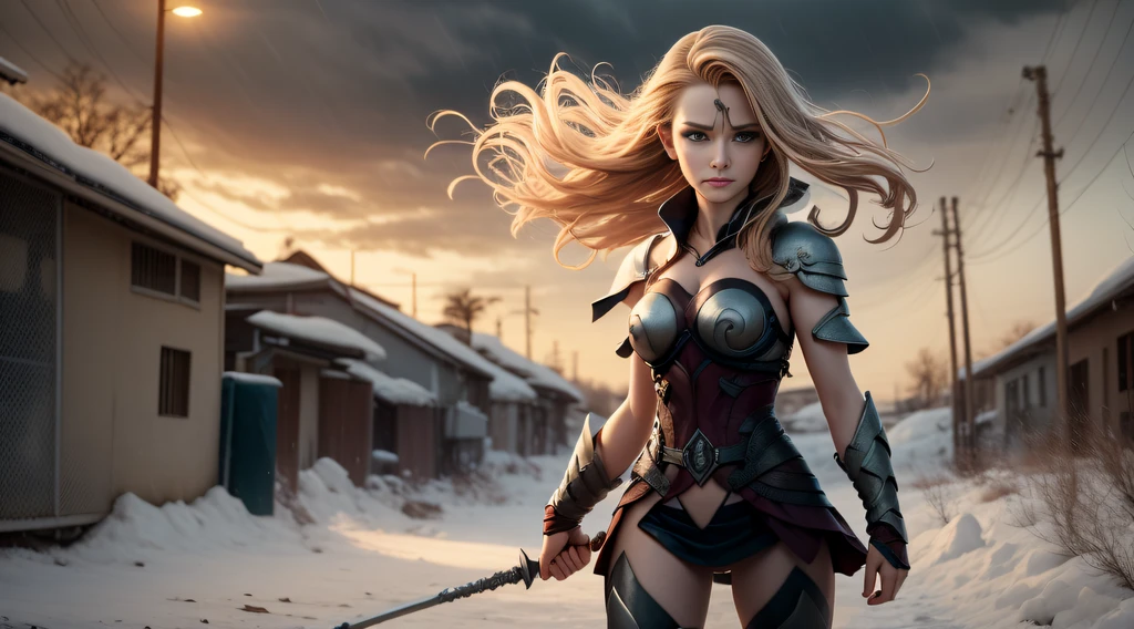 A tall and beautiful elf woman, with blue pupils, contempt in the eyes, a cold expression, a lofty posture, up chest, golden light armor all over the body, staring overhead, Spinning wind, lightning around the character, neve, winter, snow storm, night complex background, highy detailed, (grimdark:1.3), tenebrosa, dimmed, HDR, vignette, grimy