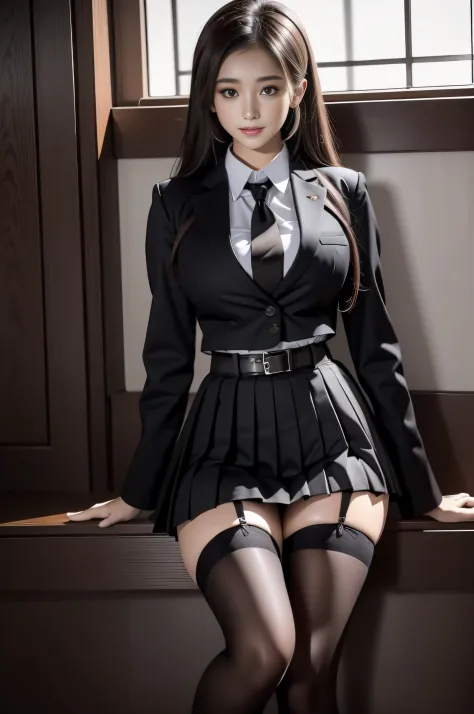 Beautuful Women，Wears a JK College-style uniform，Brown pleated skirt with black blazer，It looks very pure，Wearing black stockings，Black stockings are thick and black