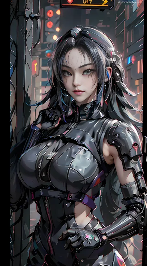 ((Best quality)), ((masterpiece)), (highly detailed:1.3), 3D, beautiful (cyberpunk:1.3) hacker woman with colored hair, black cl...