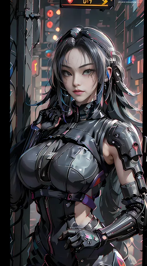 ((best quality)), ((masterpiece)), (highly detailed:1.3), 3d, beautiful (cyberpunk:1.3) hacker woman with colored hair, black cl...